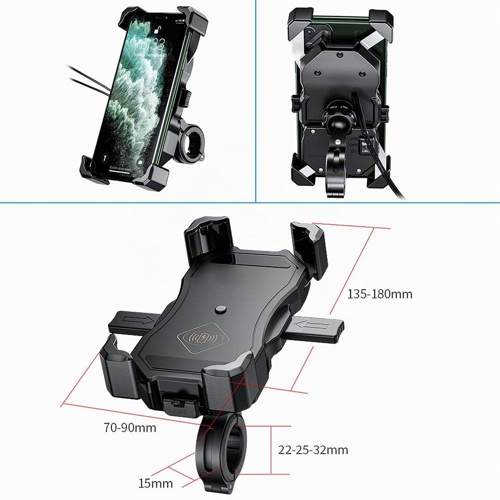 iMESTOU Chargeur de Montage de Téléphone sans Fil de Moto Qi 15w & USB 3.0 Charge Rapide Guidon/Arrière-Miroir Montage pour Smartphones de 3,5"-6,8"(épaisseur max12mm), Travailler pour 12V/24V Motos