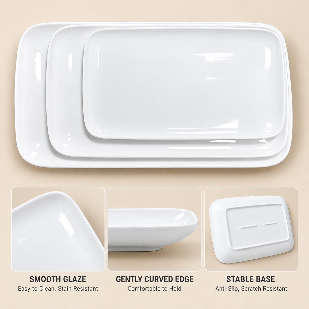 Large Serving Platters Set of 3, 15.5/13.5/11.2 Inch Rectangular Porcelain Serving Trays, White Ceramic Serving Dishes for Party & Entertaining