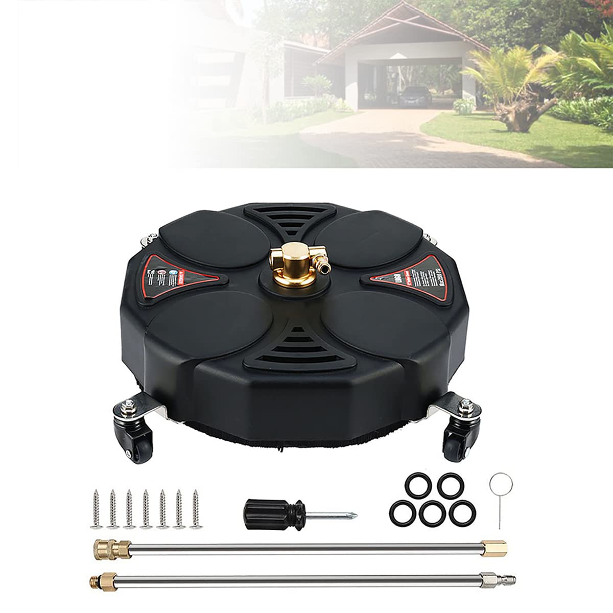 Pressure Washer Surface Cleaner Attachment with Wheels, 13 Inch Surface cleaner with 2 Power Washer Extension Wands and 2 Replacement Nozzles, 3600 PSI, Effective Cleaning