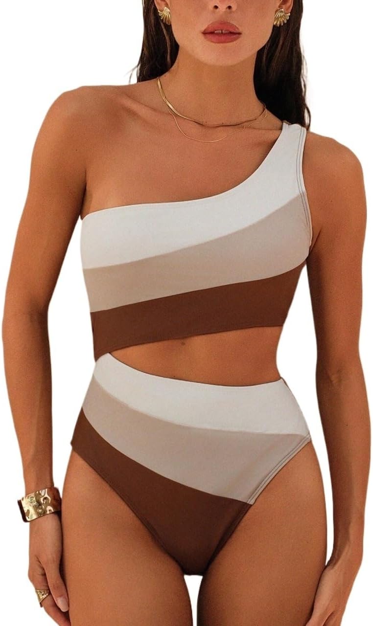 Womens Colorblock Cutout Monokini Swimsuit Casual One-Piece Bathing Suit for Beach & Vacation