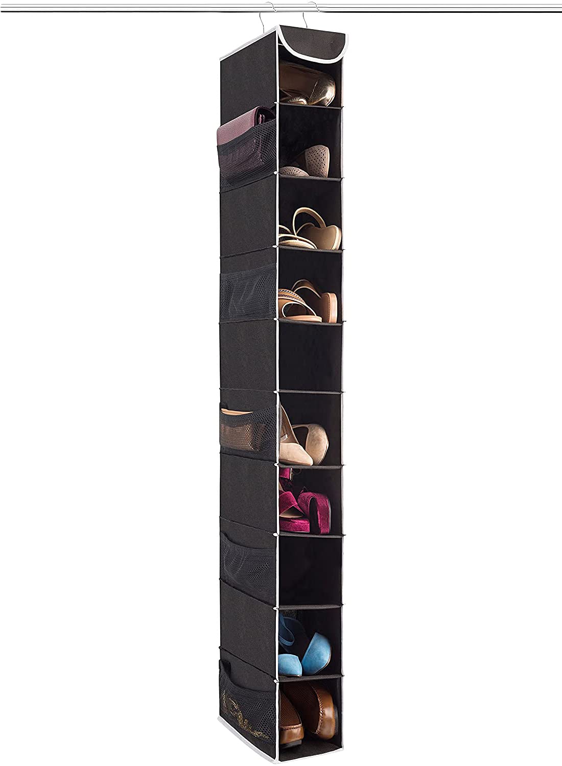 DOUBLE R BAGS Fabric Hanging Shoe Organizer with Side Mesh Pockets 10 Shelf (Black), Stainless Steel