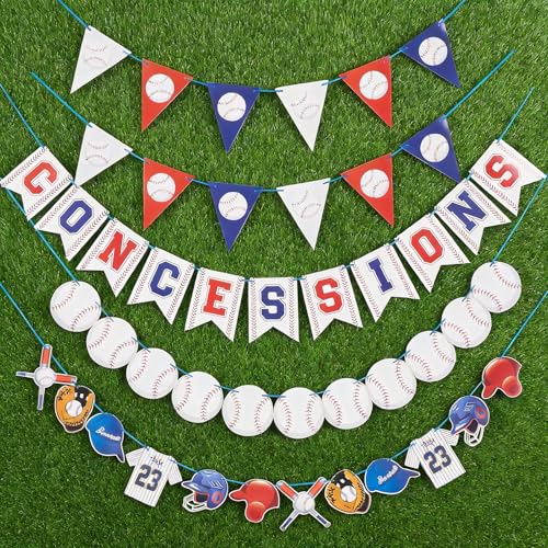 Image of Pre-Strung Baseball Party Decorations with Concessions Banner, Sports Themed Birthday Supplies, Triangle Bunting Pennant Flag