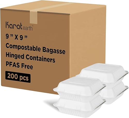 KARAT EARTH Contenedores con bisagras de bagazo compostables libres de PFAS de 9"x9", KE-BHC99-1CFF - 200 unidades