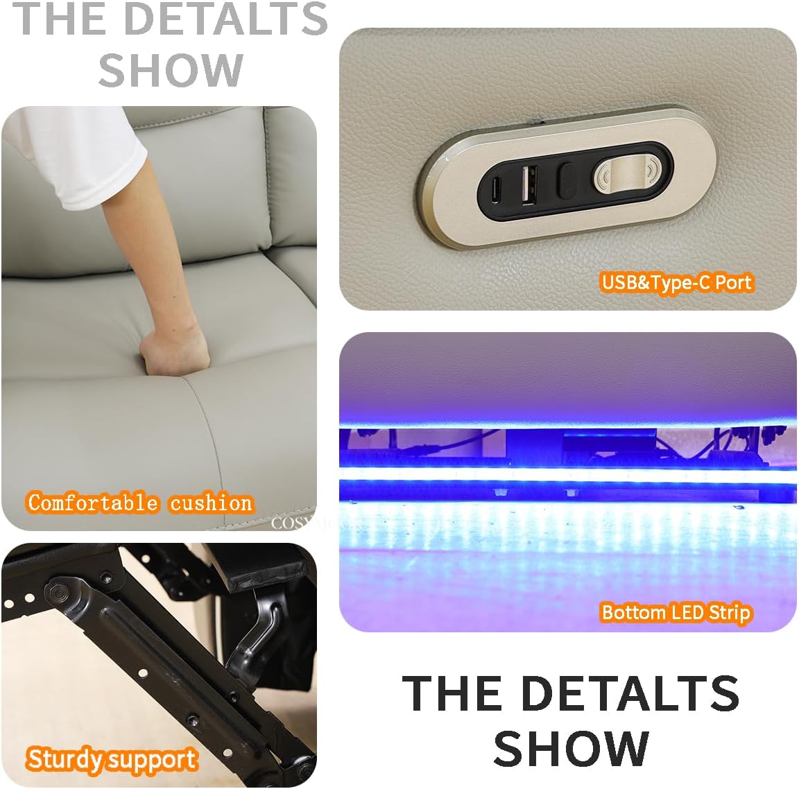 Power Recliner Sofa Set with LED Lights,Leather Reclining Sofa with Double Recliner/USB Port,Living Room Furniture Set for House/Home Theater, Grey