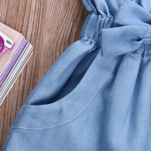 Rtnnsbbfcm Toddler Baby Girl Ruffle Romper Bodysuit Summer Sleeveless Denim Bowknot Jumpsuit with Pocket Outfit Clothes (Blue, 3-4T)