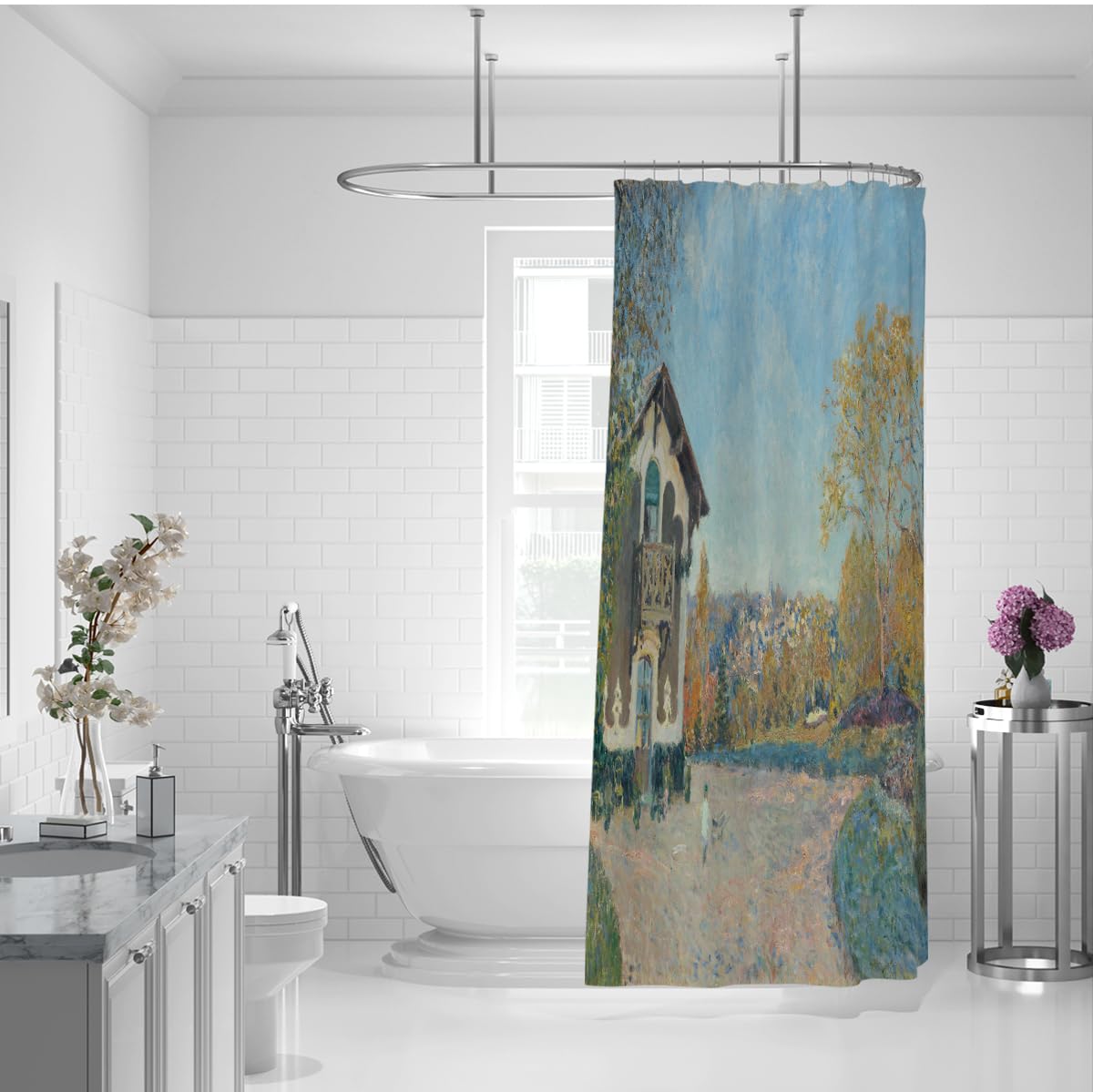 Decoración Azul de Cortina de Ducha Vista a la Ciudad 200x200cm