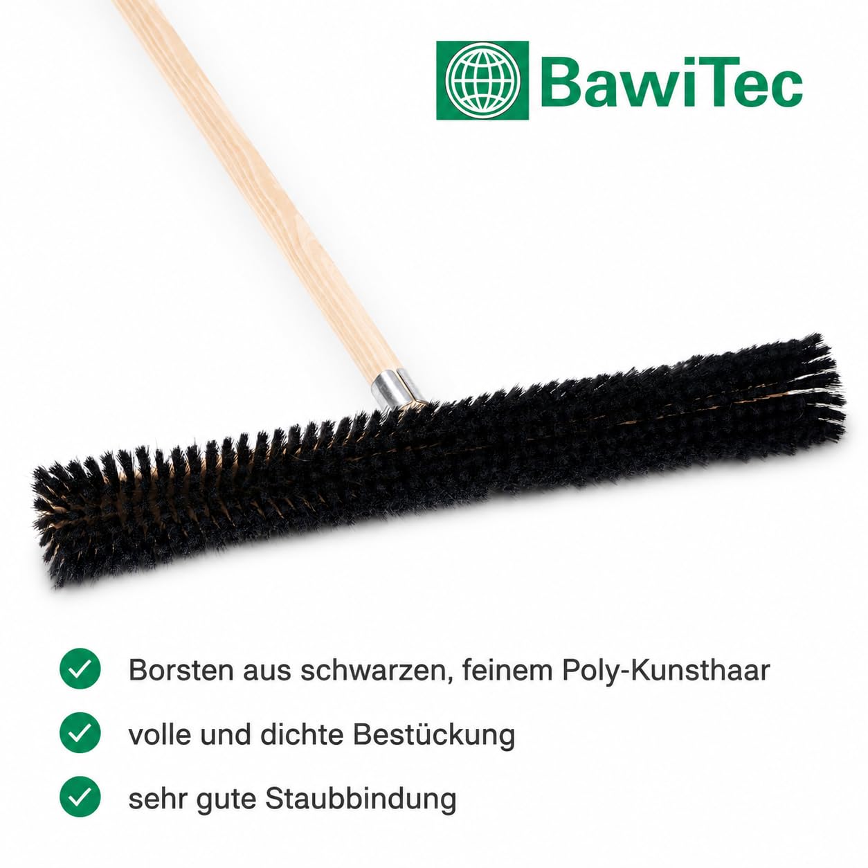 Profi Saalbesen weiche Kunsthaar Borsten 100cm mit Stiel 160cm Lang Besen | Mit Geräte-Holzstiel Ø28mm, Stabiler Metall-Stielhalter, Für glatte Böden, Für Innenbereiche