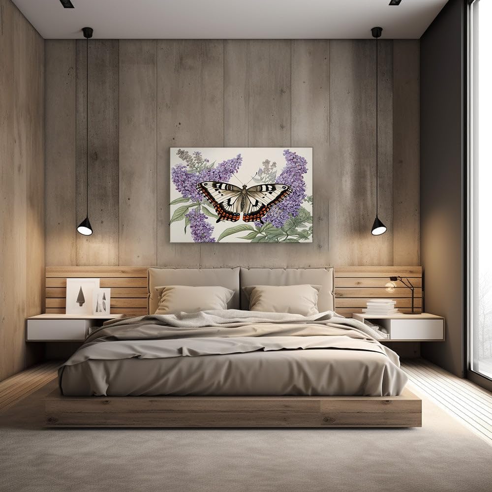 Butterfly On Purple Blossoms - A Tapestry Of Nature's Fragility And Beauty Large, Decor, Office, Bedroom Wall. Size: 130x87 cm (51x34 inch) Canvas Wall Art - Wildlife Wall Decor