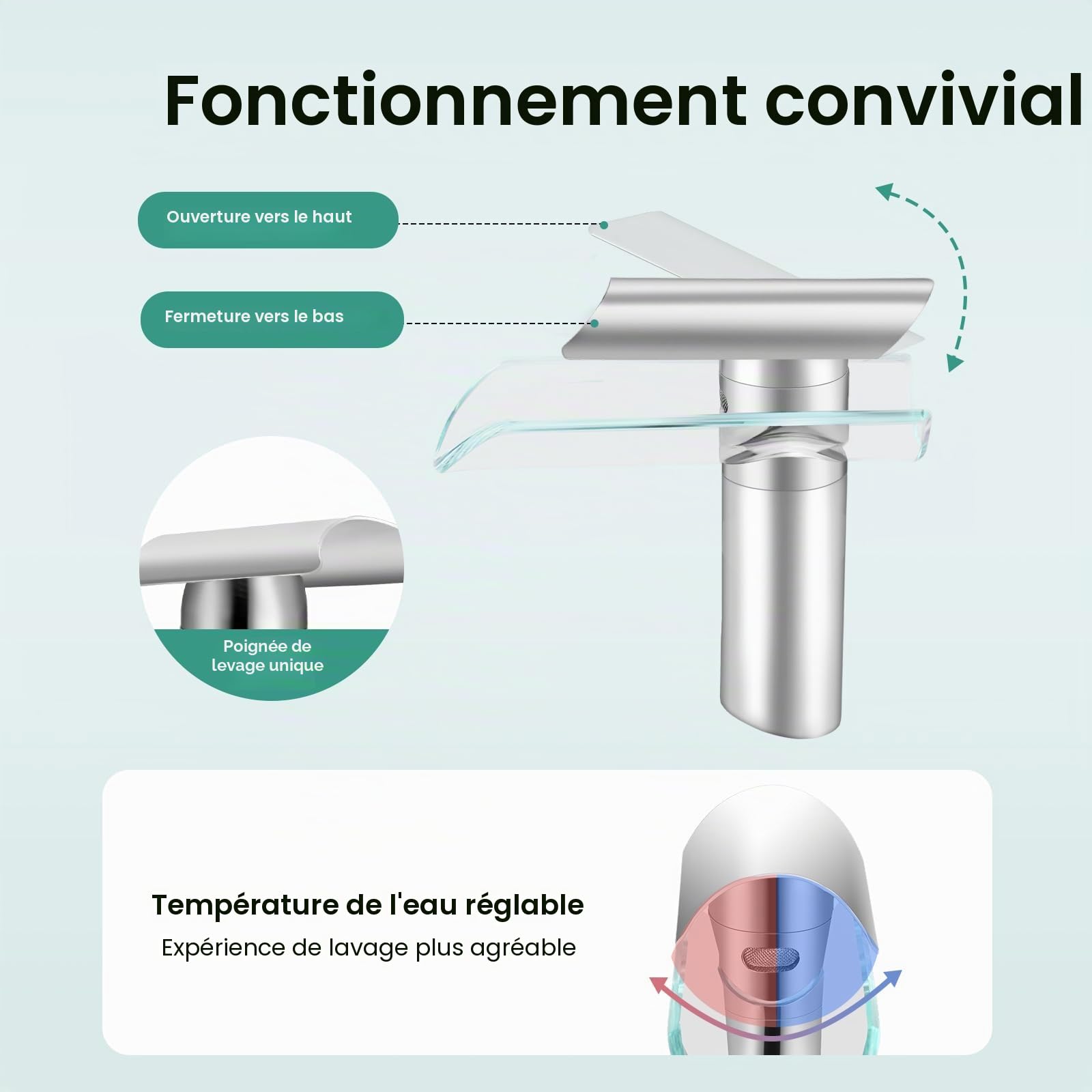 Robinet cascade en verre, mitigeur de lavabo de salle de bain, mitigeur monocommande, cuisine et salle de bain Robinet d'évier à poignée unique chromé