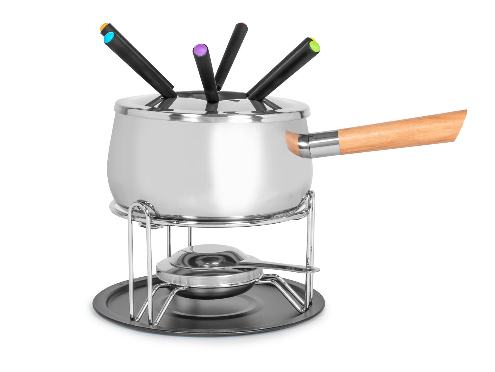 H&H Servizio Fonduta in Acciaio Inox 18/10, 11 Pezzi, Manico in Legno