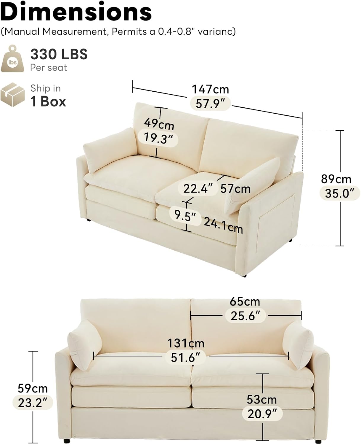 Tbfit Loveseat Sofa, Modern Love Seat Couches, 57.9" Cloud Couch Spring Cushions, Comfy 2-Seater w/Pillows, Chenille Removable Covers, Soft Upholstered, Living Room Furniture Home Apartment, Beige | Ultra Soft Cushions, Dual-layered Cushion, Pocket Spring, Cloud Comfort, Premium Chenille