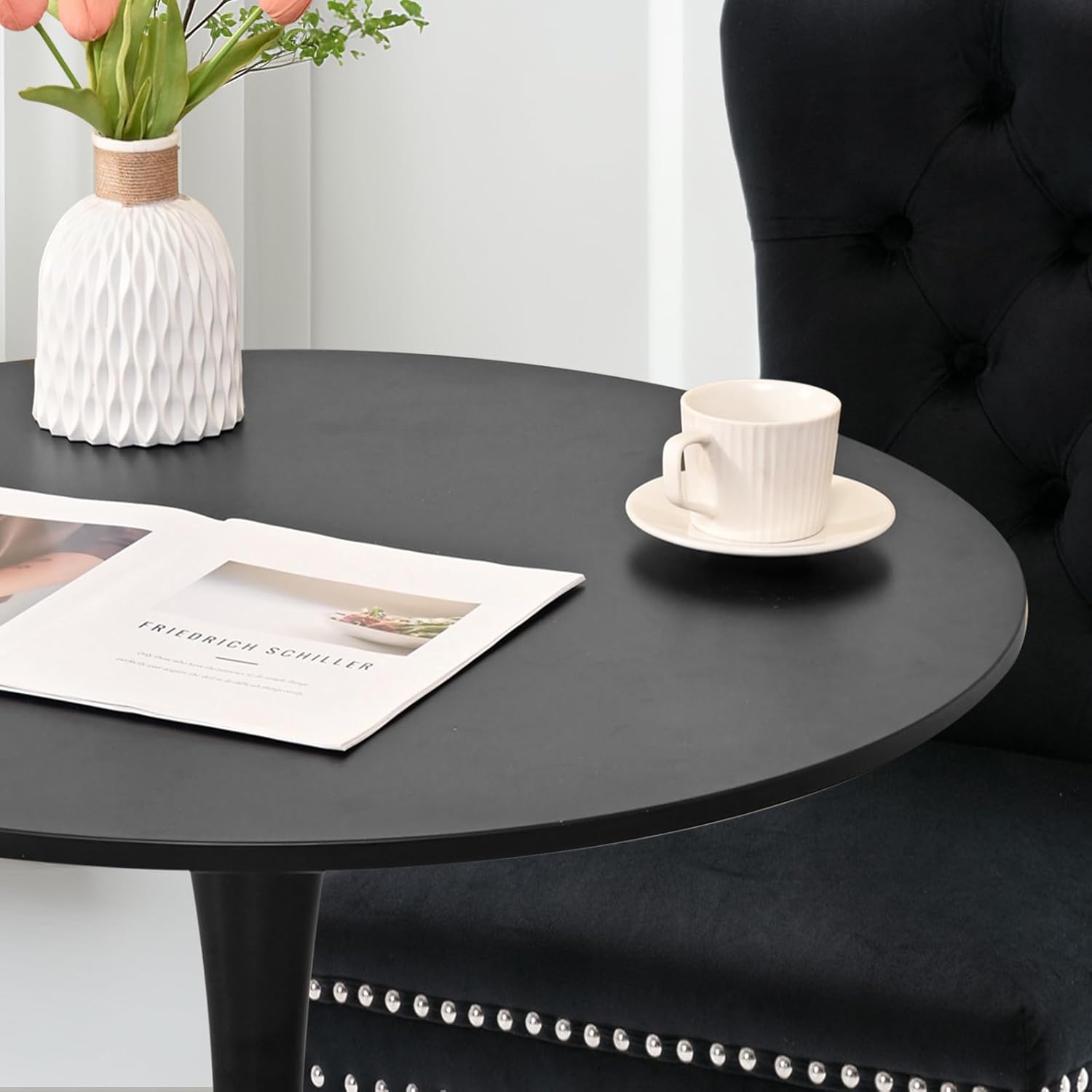 3-Pieces 31.5" Round Dining Table Set for 2, Black Dining Table & Velvet Upholstered Dining Chairs Set of 2 for Kitchen Dining Room Apartment Small Space(Black Chairs)