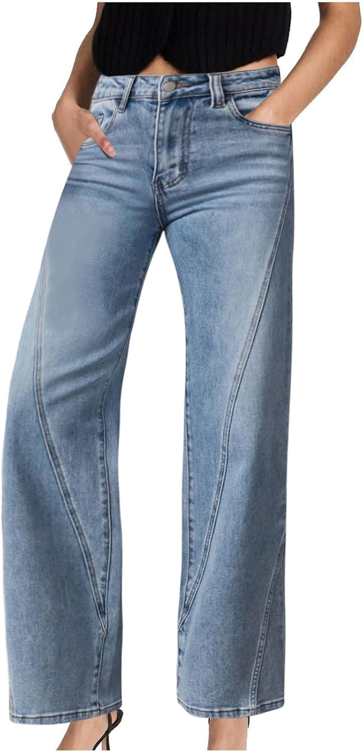 Women's Wide Leg Jeans High Waisted Strechy Denim Pants 2024 Fashion Button Casual Baggy Trousers Streetwear