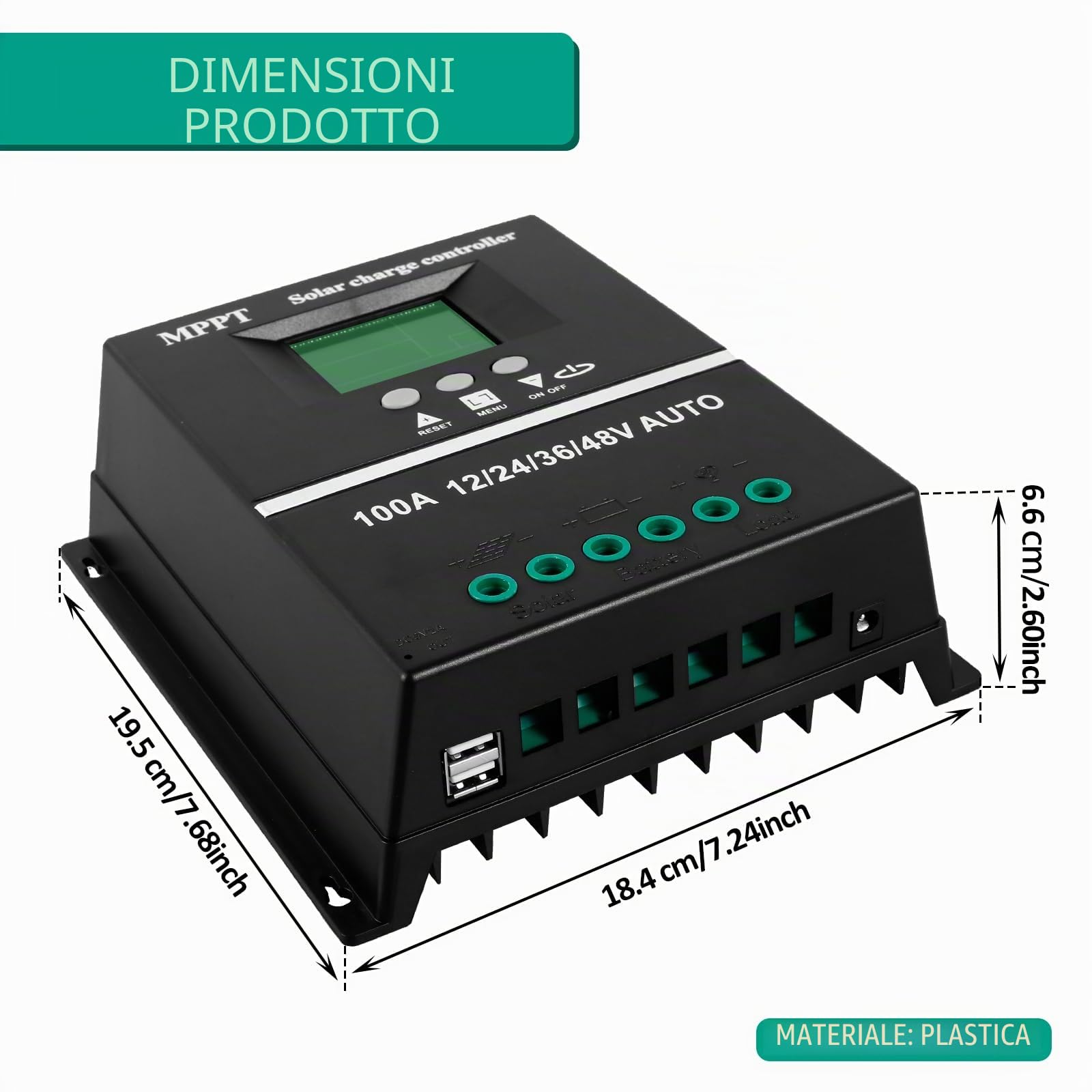 Regolatore di carica solare MPPT da 100 A, 12 V, 24 V, 36 V, 48 V, USB, display LCD con ingresso massimo 100 V, regolatore solare 12 V, mppt 100 A, per piombo-acido/litio per tutti i tipi di