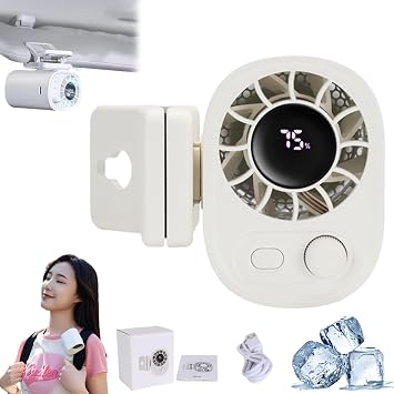 Car Clip on Fan Air Conditioner with LED Display, 100 Speeds Stepless Adjustment Car Fan, 360 Rotatable Portable Ac for Car Seat/Dashboard/Camping/Office, 1800mah Rechargeable Battery White