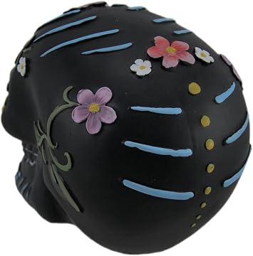 Everspring Hand Painted Black Day of the Dead Sugar Skull Statue | 4 1/4 in Tall, 5 1/2 in Long, Resin, Matte Finish, Colorful Accents, Gothic Halloween Theme