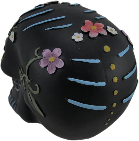 Everspring Hand Painted Black Day of the Dead Sugar Skull Statue | 4 1/4 in Tall, 5 1/2 in Long, Resin, Matte Finish, Colorful Accents, Gothic Halloween Theme