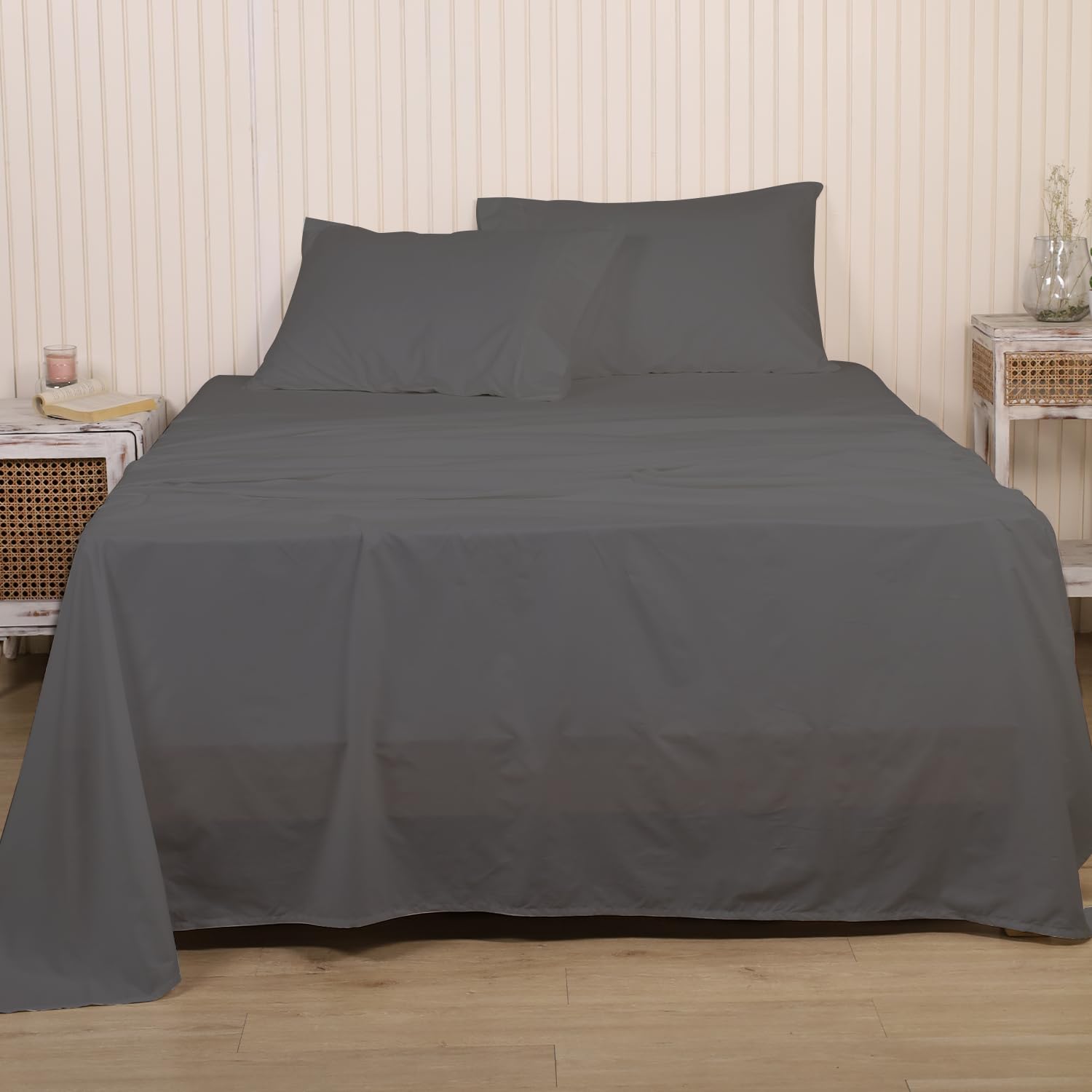 LINENWALAS 100% Pure Cotton Percale Linen Bedsheet for Double Bed Size Bedding with Pillow Cover for Bedroom, Soft Smooth Crisp Hotel Quality Flat Sheets for Summer (100x90 Inch, Light Grey)
