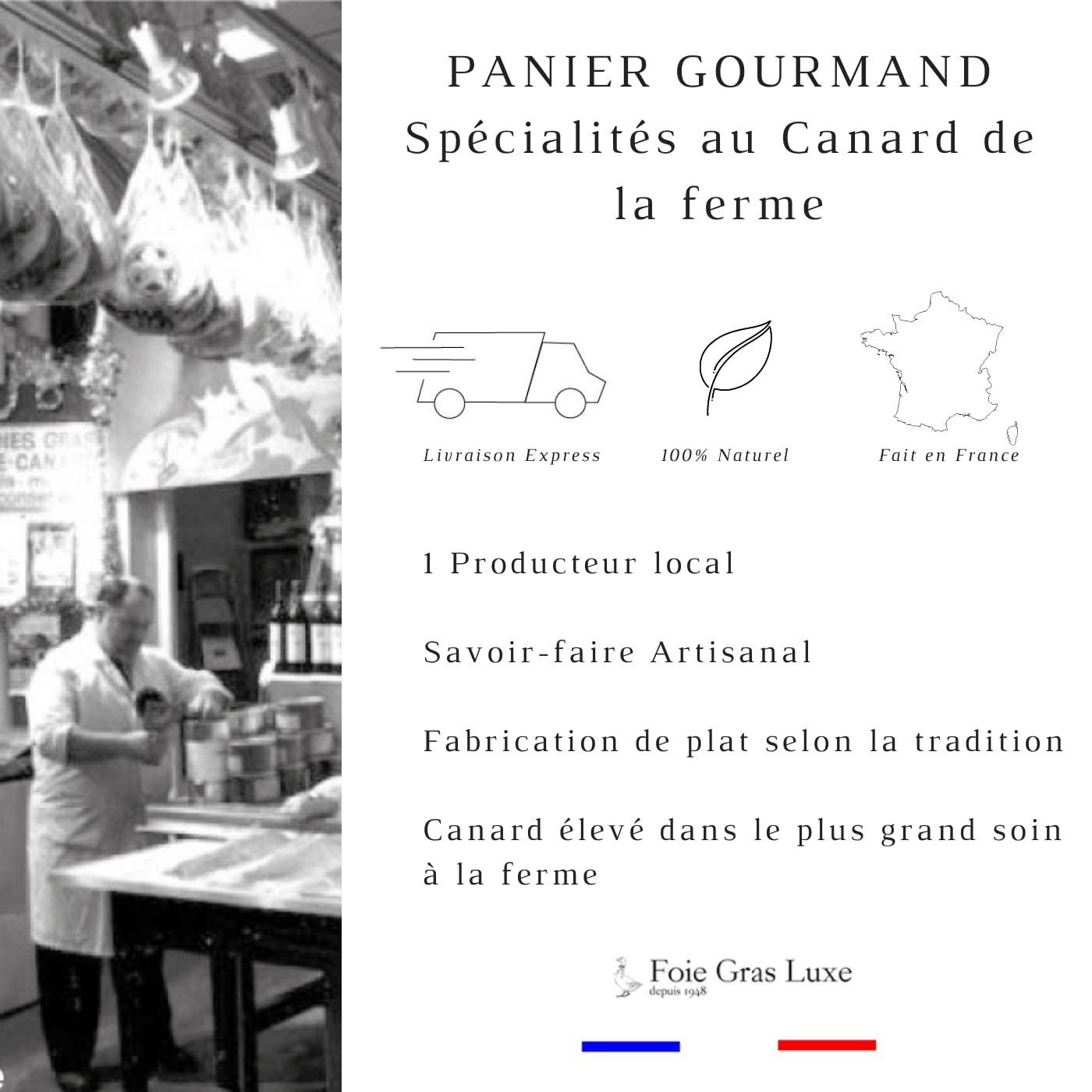 Panier Gourmand Noël Box Produits du Sud-Ouest 4 spécialités de la Ferme au Canard- Terrine de Foie Gras de Canard, Cassoulet, Piperade, Confit de Canard - Bocal en Verre - Sans Additifs Sans OGM
