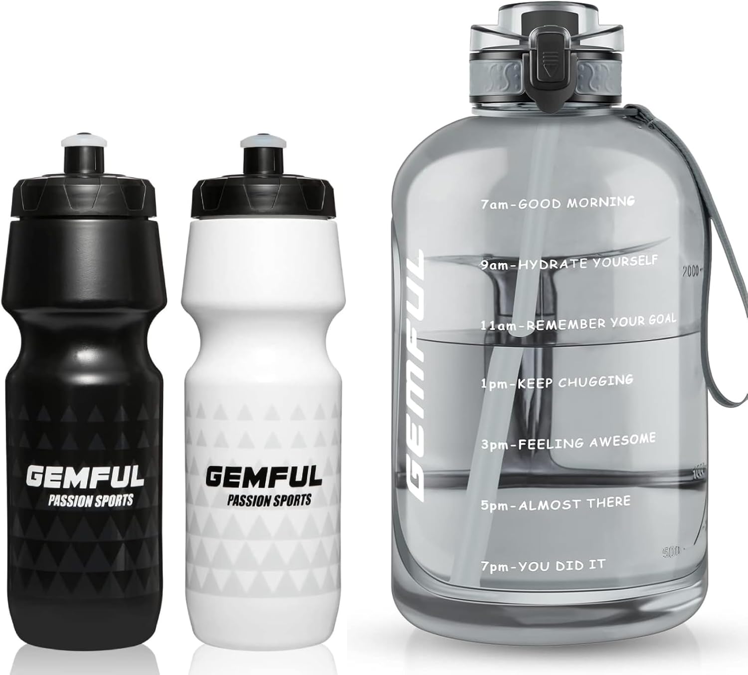 GEMFUL 2 Pack Bike Water Bottle BPA Free 24 Ounce and 101oz Bottles with Straw Time Marker Leakproof