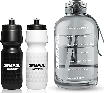 زجاجة مياه GEMFUL 2 Pack Bike خالية من مادة BPA سعة 24 أونصة وزجاجات سعة 101 أونصة مع علامة وقت القش مقاومة للتسرب
