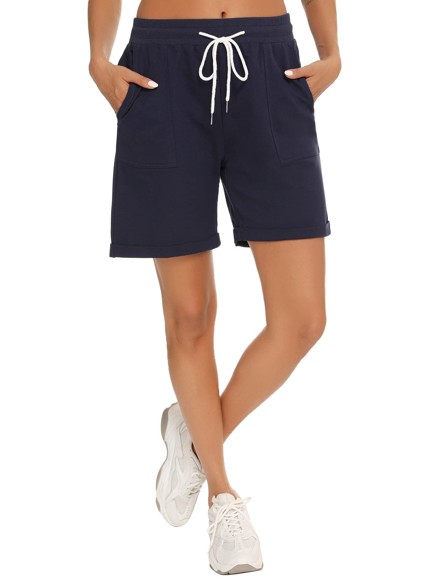Enjyam Damen Bermuda Shorts mit Aufschlag 100% Baumwolle Sportliche Kurze Sweathose Lockere Strandshorts mit Tasche für Sport Urlaub