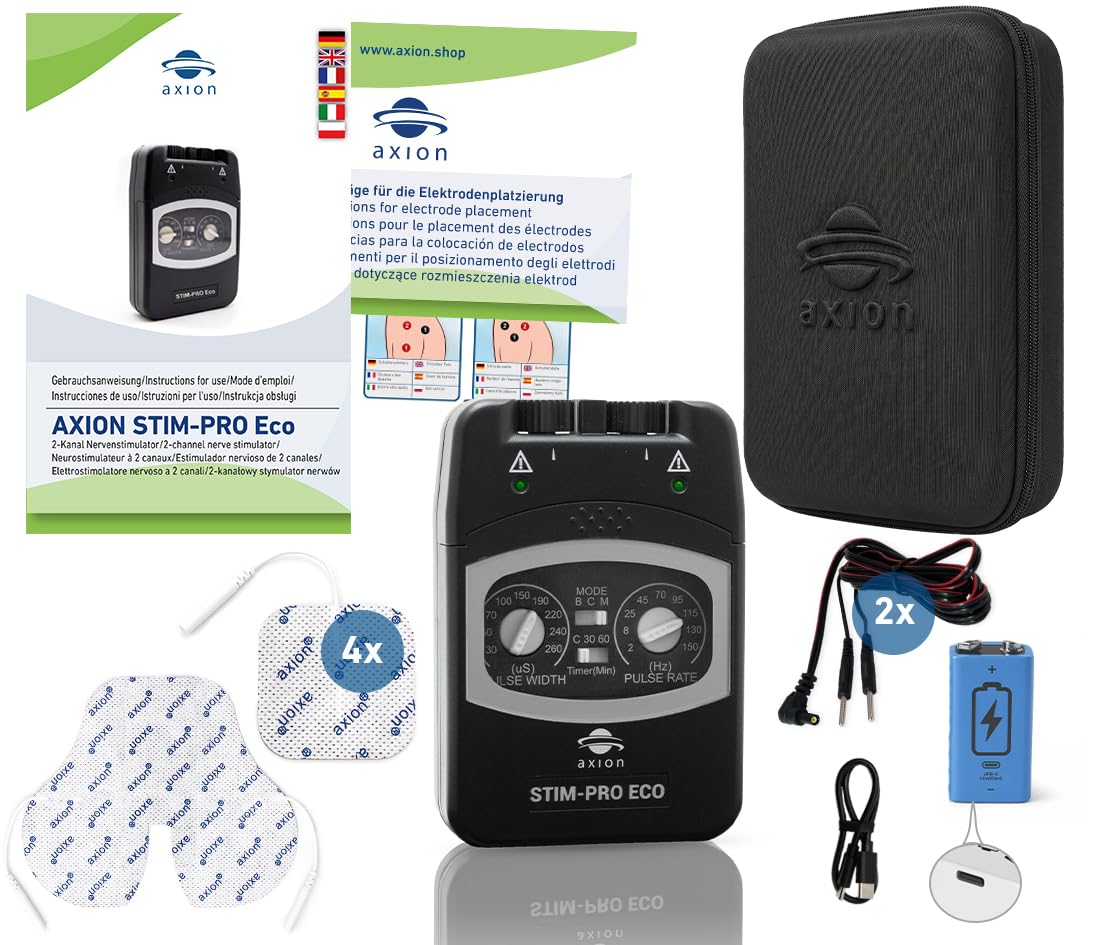 Électrostimulateur TENS manuel à 2 canaux STIM-PRO ECO axion® pour le traitement de la douleur avec 4 électrodes 5x5 cm et 1 électrode cervicale | Paramètres réglables | Batterie rechargeable 9V