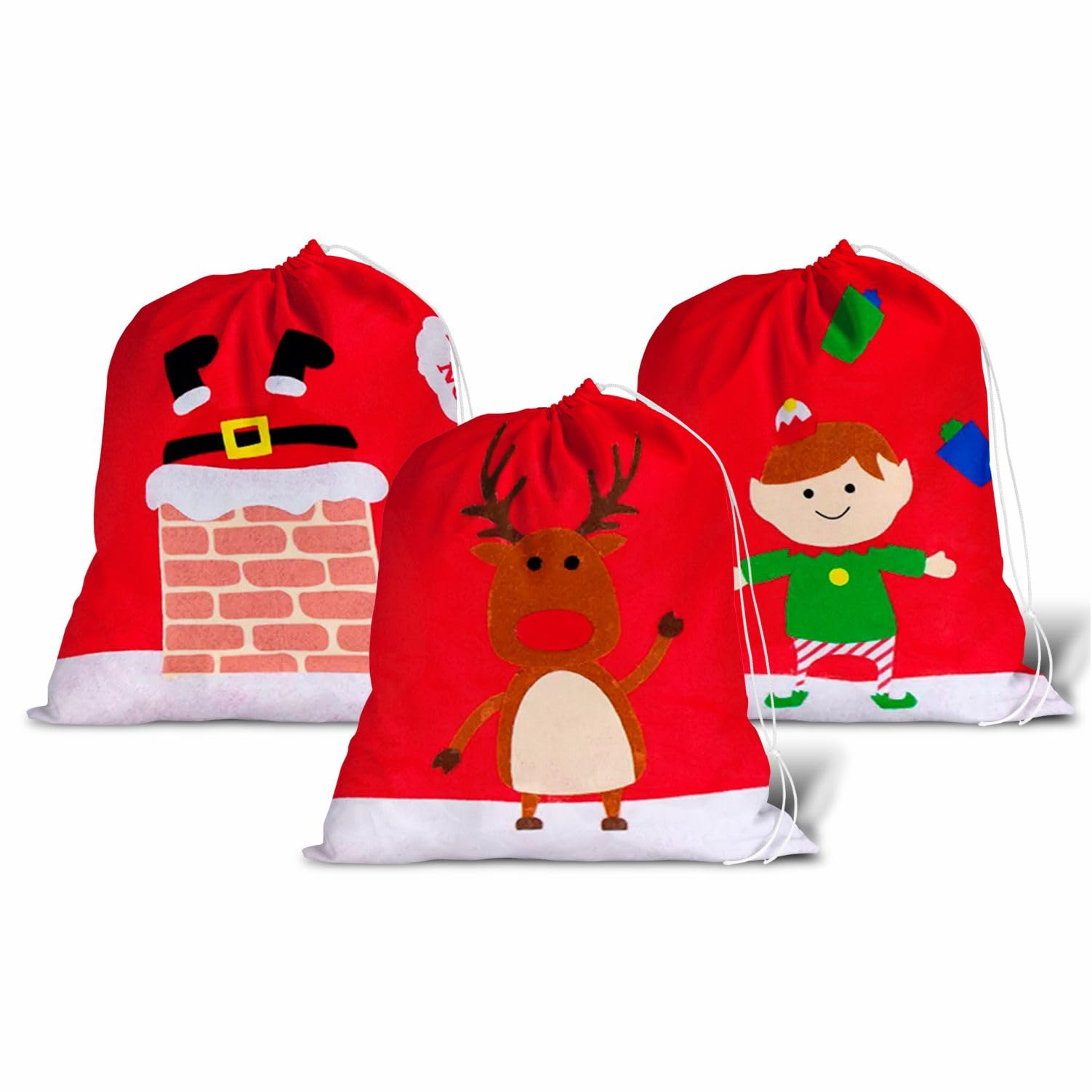 Jumbo Fabric Santa Sack Large Gift Bag with Drawstring Extra Large Reusable Present Sack for Kids & Adults 70 x 50cm Assorted Designs (Santa, Reindeer, Elf)