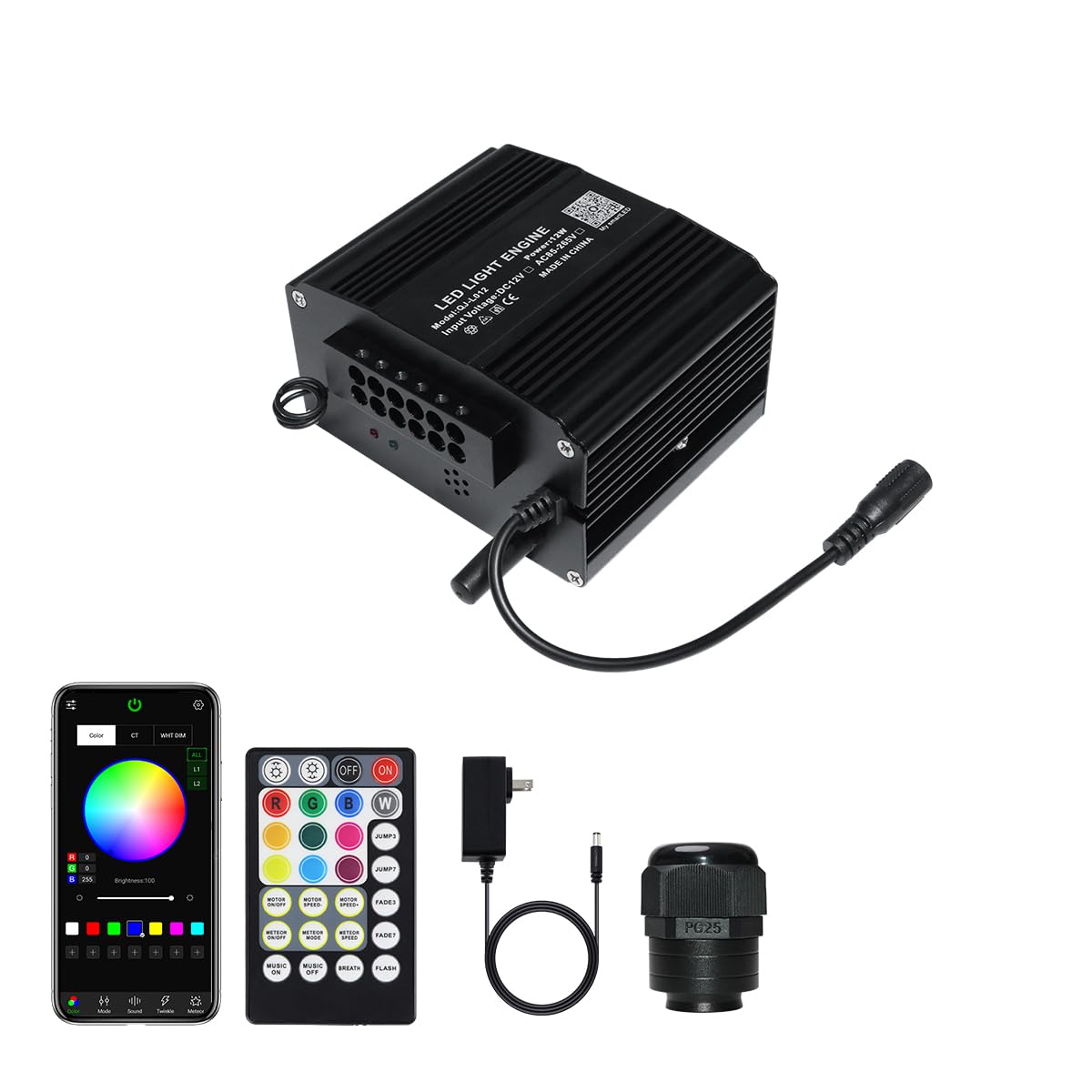 AZIMOM 2-in-1 Twinkle 12W Fiber Optic Starlight Box with Pure White Meteor, Sound Activated APP/Remote RGBW Light Source Driver Pure White Shooting Star for Car Home Star Lighting Decor
