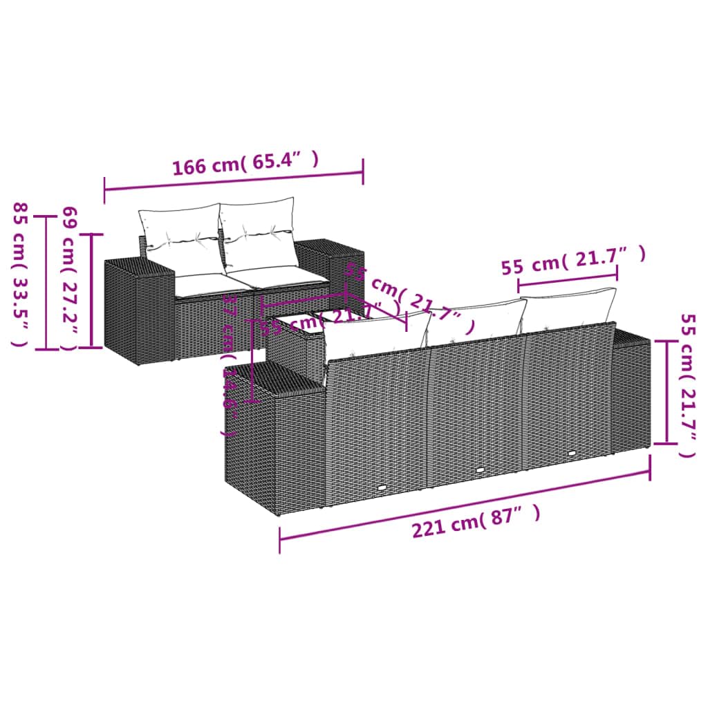Set Divano da Giardino 6 Pezzi in Polyrattan Beige con Tavolo | Salotto modulare per terrazzo e patio con cuscini sfoderabili e piano in vetro temprato facile da pulire.