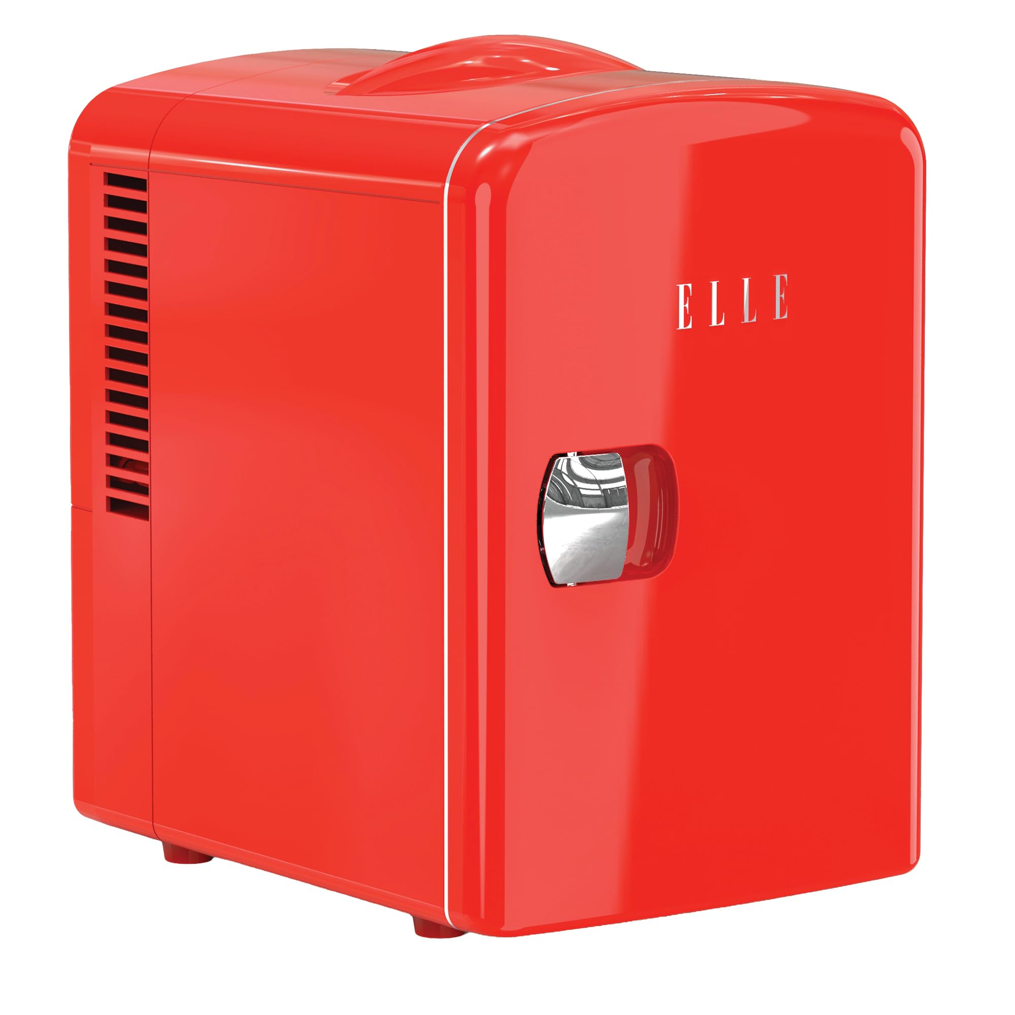 ELLE Mini-Kühlschrank, 4 l, vielseitig einsetzbar, warm & kalt, für Skincare, Pflege, Kosmetik, Getränke und Snacks, Kapazität 6 Dosen, abnehmbares Regal, Tragegriff – Rot