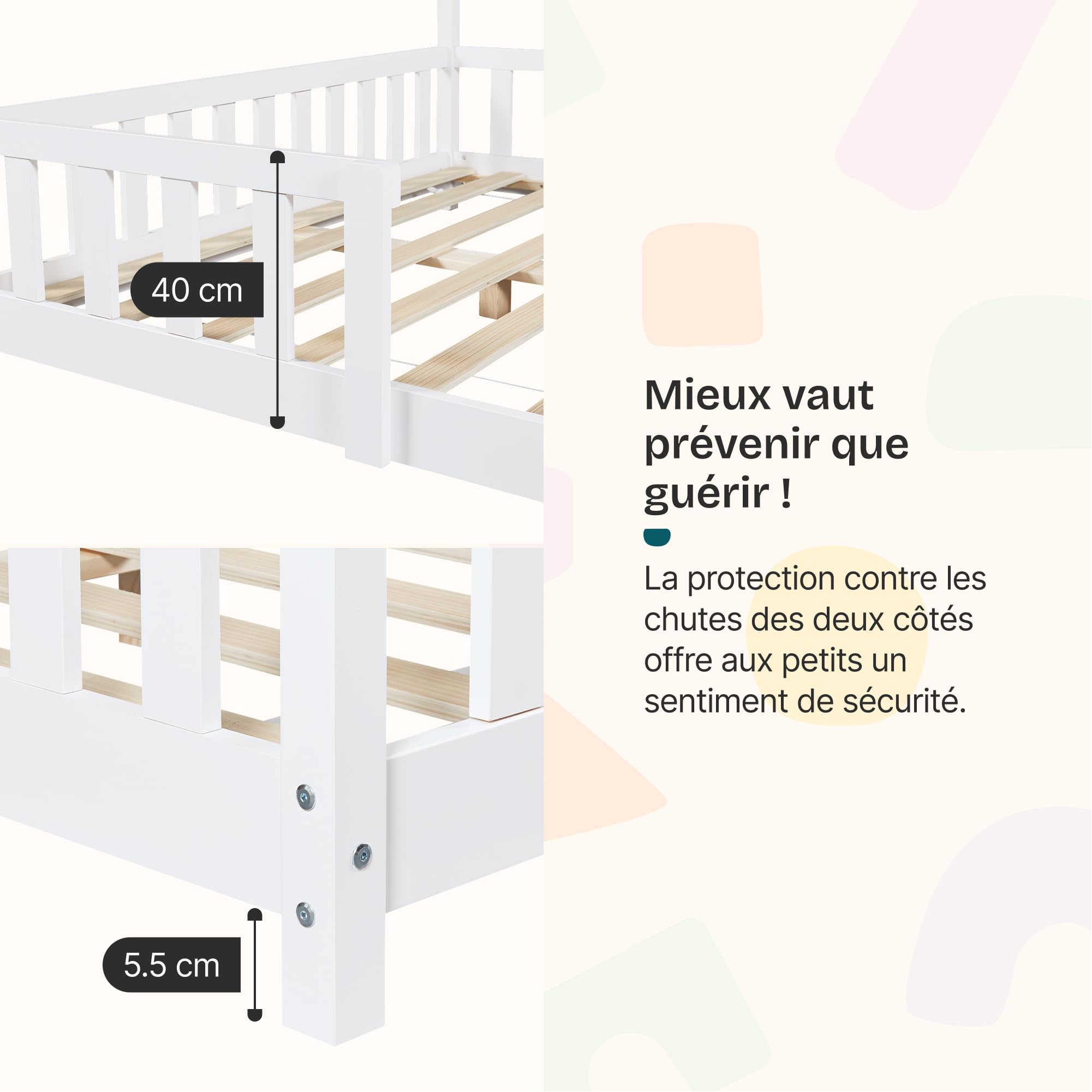 [en.casa] Lit Cabane avec Matelas à Mousse Froide Anti-Allergique Lit Enfant en Forme de Maison avec Sommier à Lattes Barrière de Sécurité Bois de Pin Contreplaqué 90 x 200 cm Blanc
