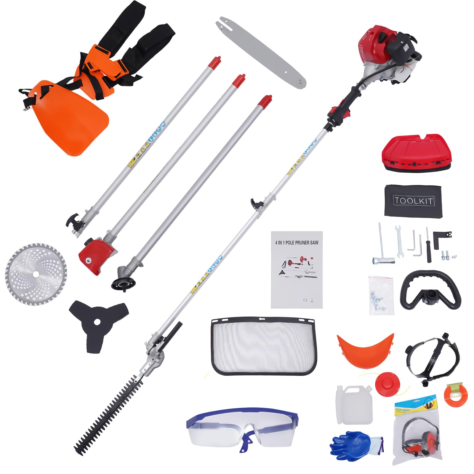 Herramienta multifunción de jardín de gasolina de 52 cc con desbrozadora, cortabordes, motosierra y cortasetos en uno, multiherramienta 4 en 1 para jardín, incluye 3× barras de extensión de 85 cm y