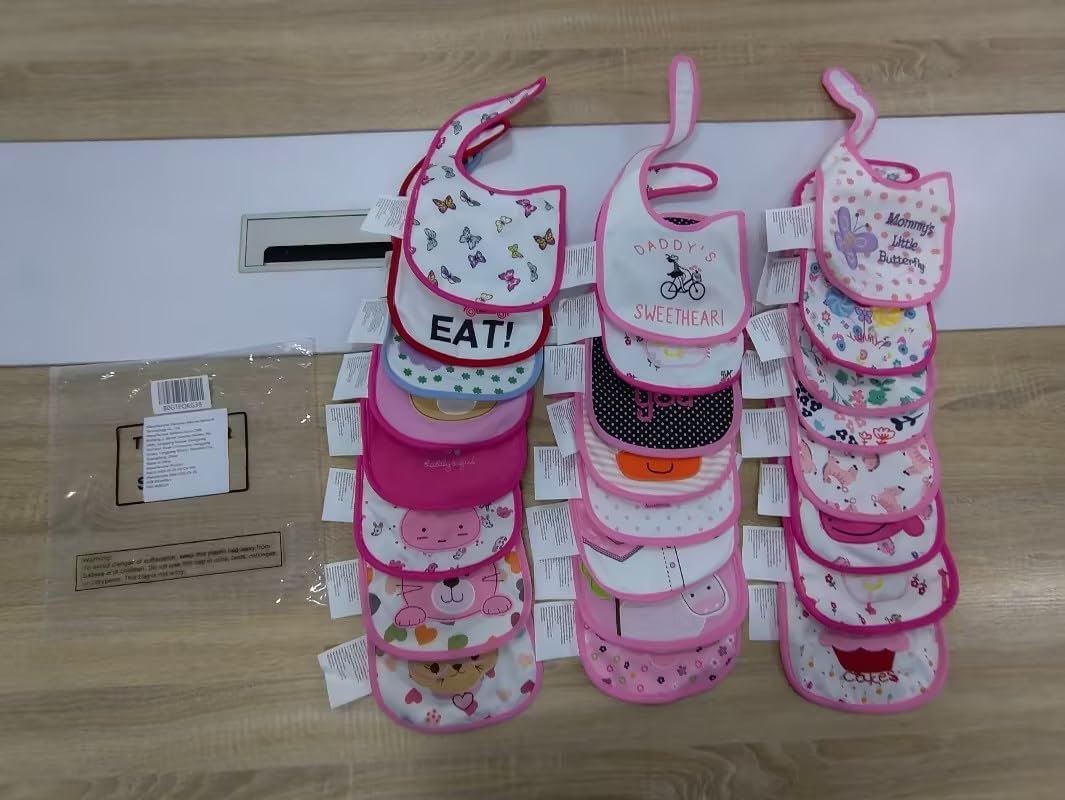 HooLing 24 Pcs Toddler Bibs Waterproof Baby Cotton Soft Girl Drool Bibs Feeding Kindergarten Welfare Home Newborn Party (Pink,Vivid)