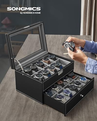 Songmics 20-Slot Watch Box, Watch Case With Glass Lid, 2 Layers, Lockable Watch Display Case, Black Synthetic Leather, Gray Lining Ujwb006 #TOP1