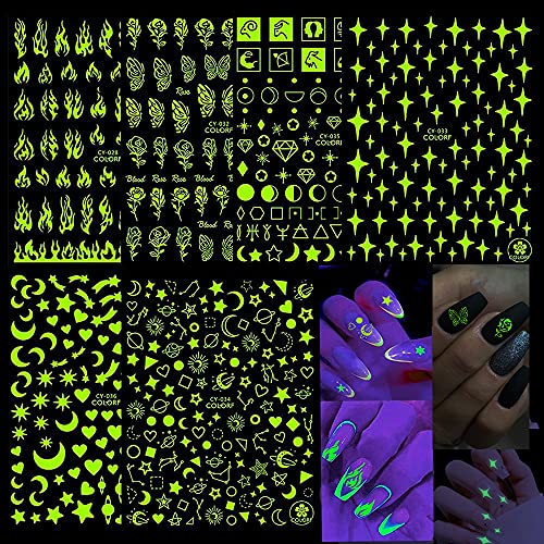 CRESS, Nail Art Stickers 3D Luminous Nail Art Supplies Nail Decals Butterfly Nail Art Stickers Flame Star Moon Adhesive Designer Stickers Heart for Acrylic Nails Design Nail Art Decorations 6 Sheets