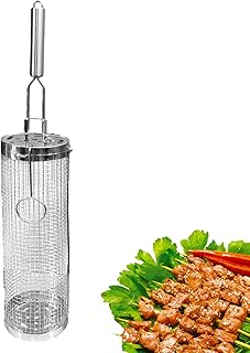 グリルバスケット | ステンレス製 バーベキュー ネット チューブ ハンドル付き - バーベキュー ローリング グリル バスケット - 野菜・魚・肉・シーフード・キャンプ・誕生日・ビーチパーティー用のアウトドア調理器具