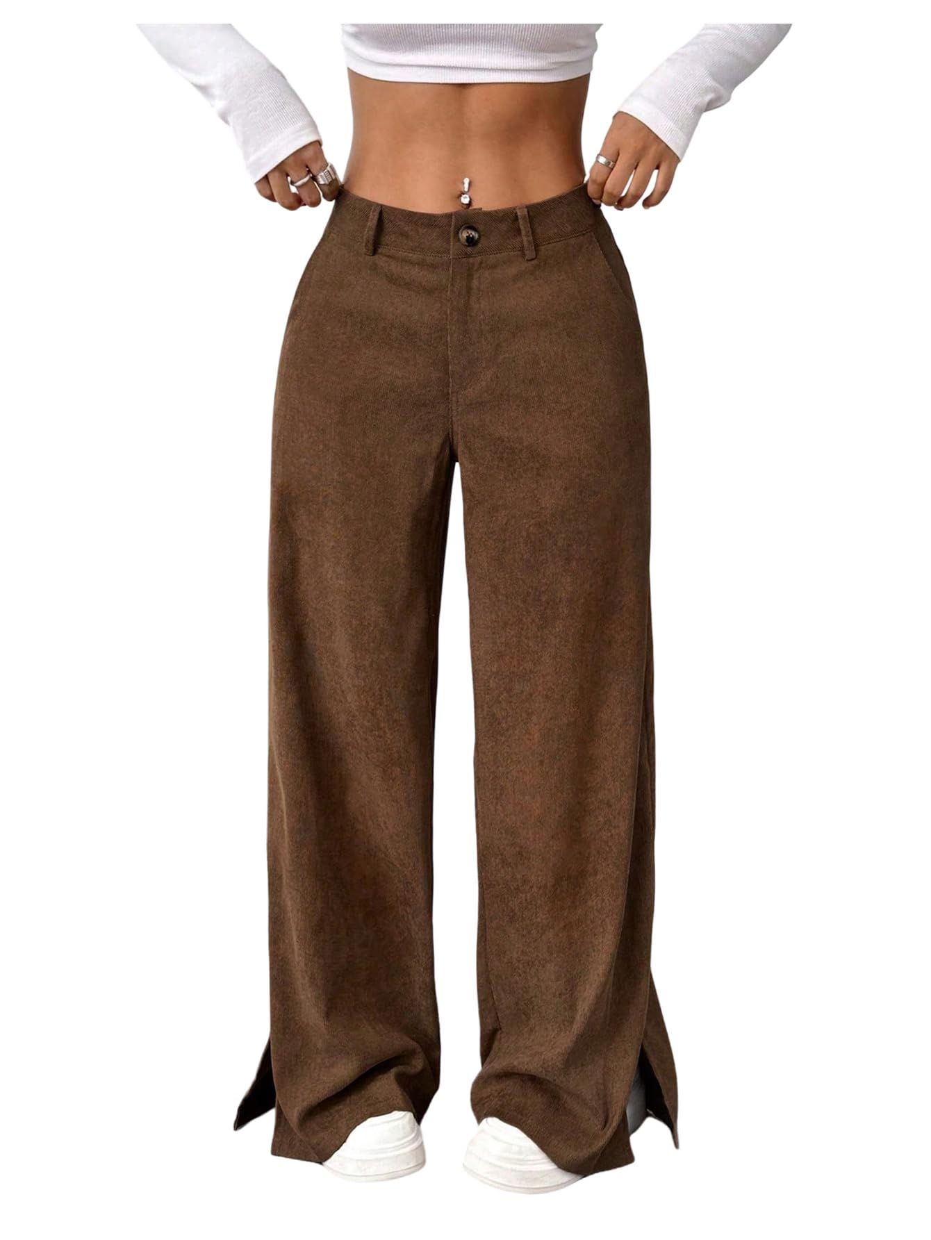 GORGLITTER Womens Baggy Dress Corduroy Pants Straight Leg High Waist Fall Trousers with Pockets