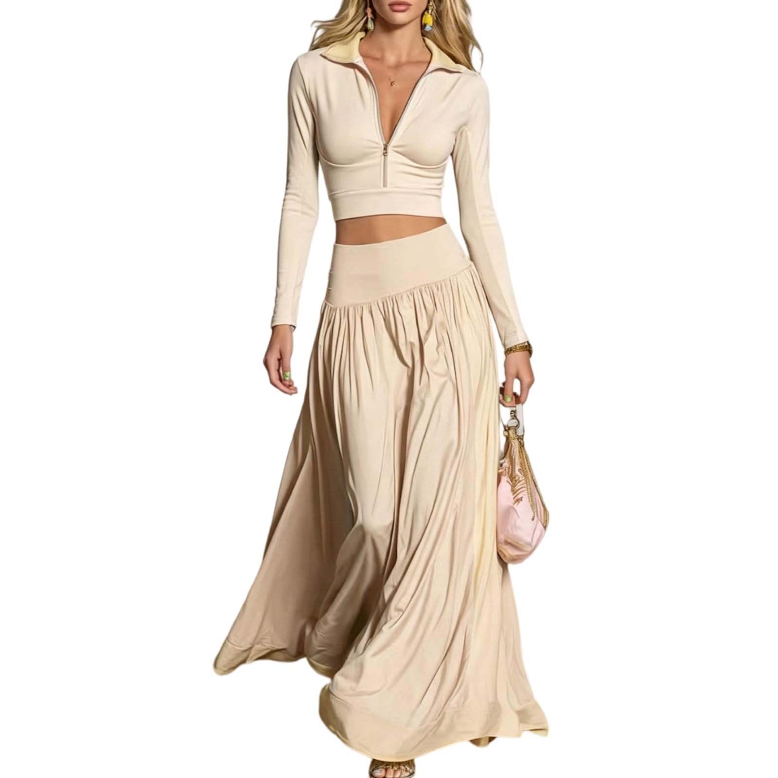 Damski dwuczęściowy zestaw spódnic z długim rękawem Crop Top Maxi Spódnica