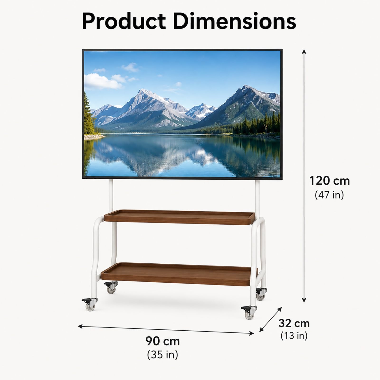 Soporte TV Pie Portátil con Estante, Soporte TV con Ruedas Móvil | Compatible VESA, Ruedas Giratorias Bloqueo 360°, Estante Doble para Dormitorio, Sala Estar, Interiores