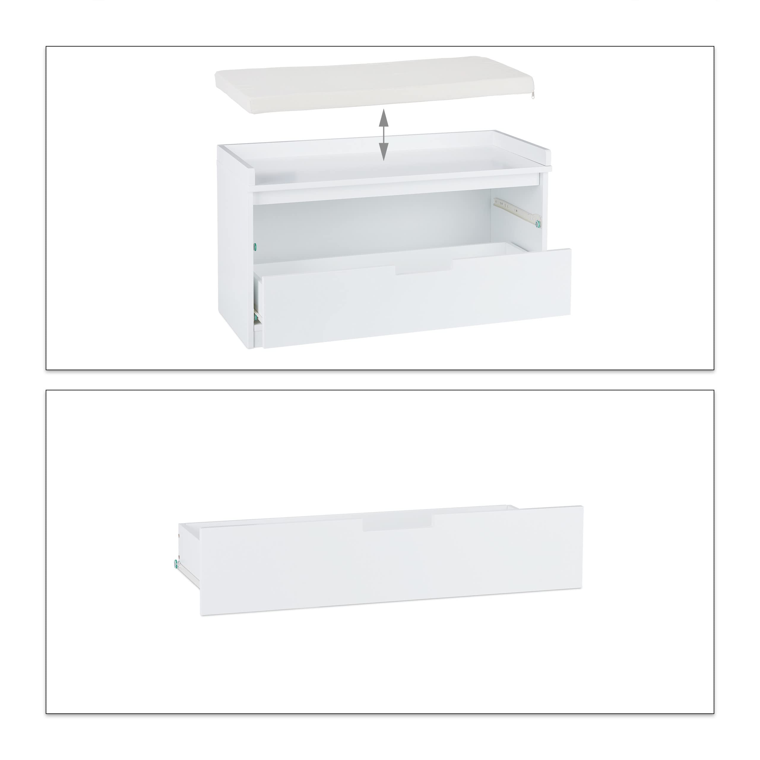 Relaxdays Mobiletto, Panca con 2 Cassetti, Stile Retrò, Imbottitura per Sedersi, HLP: 45 x 80 x 36 cm, Bianco