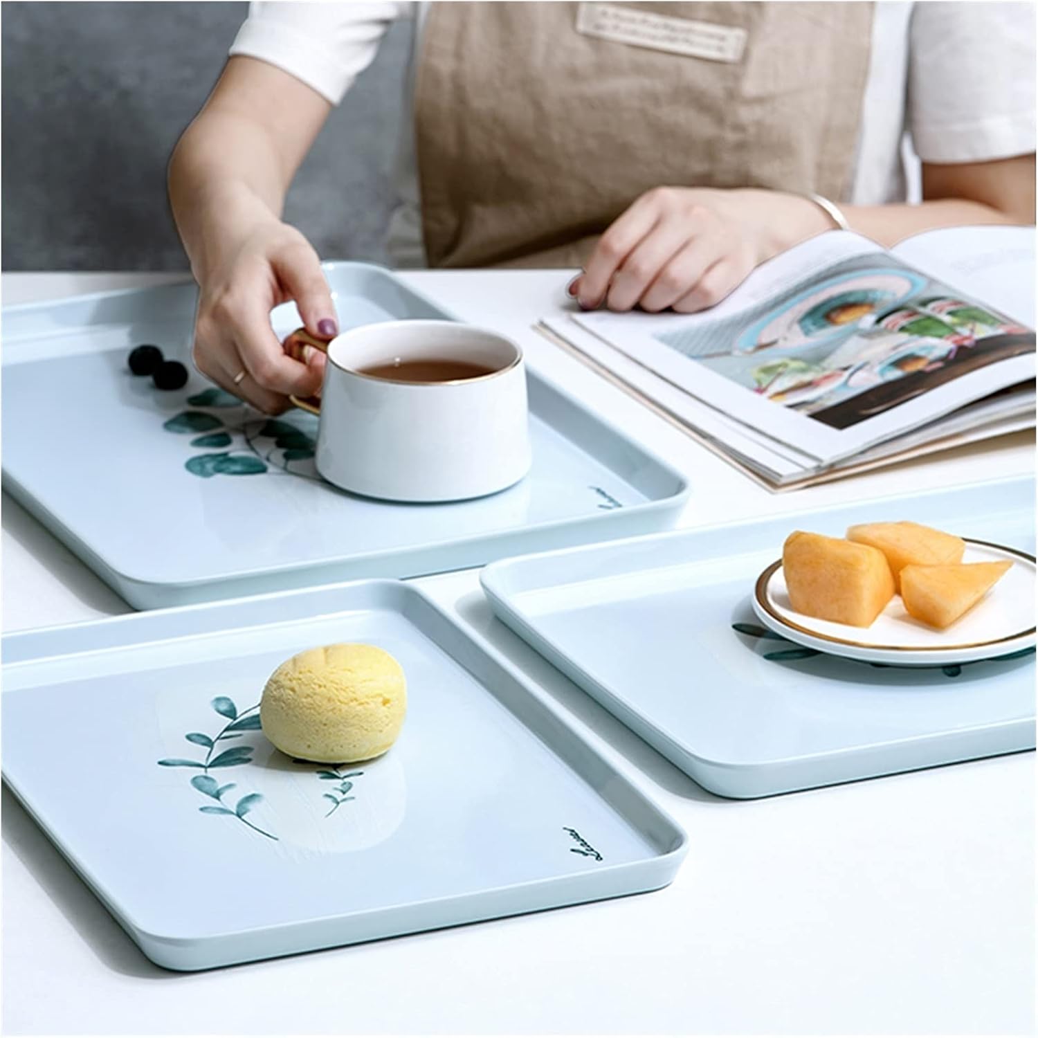 ティアード トレイ サービング トレイと大皿、長方形のプラスチック植物の花のサービング ディッシュ スナック トレイ、朝食トレイ (