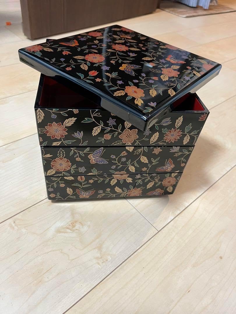 会津塗り 重箱 漆塗り 三段6.5寸 手画うるし蒔絵 南天柄 漆器