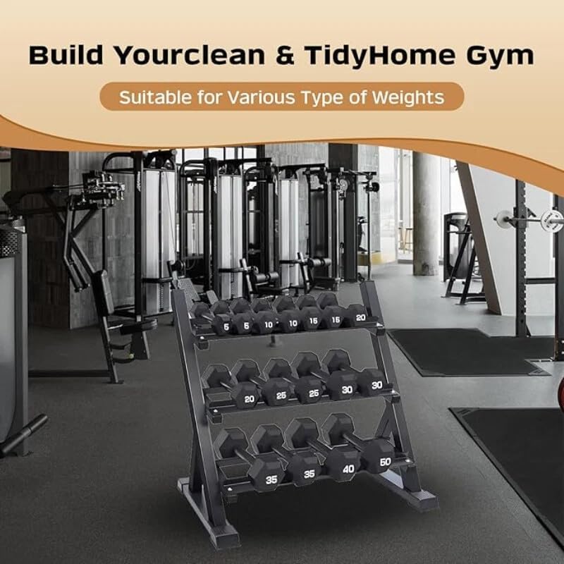 Miniatura 7 de Estante para mancuernas de 3 niveles, resistente para gimnasio en casa, soporta mancuernas y juego de pesas rusas, soporte para mancuernas solo con