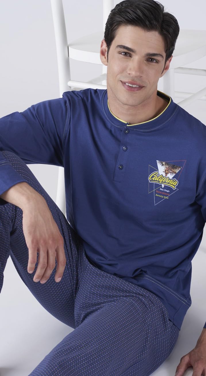 Schlafanzug für Herren, Baumwolle, lang, leicht, für den Sommer, langer zweiteiliger Pyjama aus 100% frischer Baumwolle