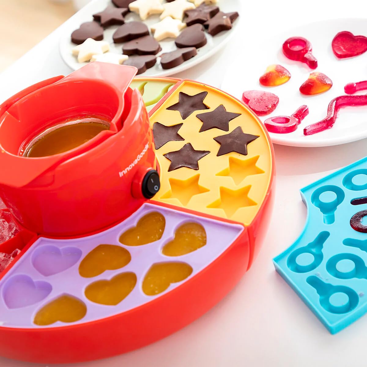 InnovaGoods - Macchina 2 in 1 per Dolci Gelati e Fonduta di Cioccolato, Design Multifunzionale, 4 Stampi in Silicone, Ciotola Estraibile, Cucina Sana, Rosso, Mediano, Acciaio