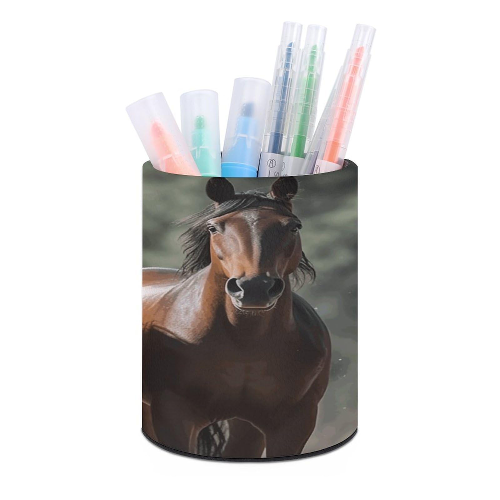 VstaDank Animales Horse Pen Holder Round Pencil Holder Cup Pen Container PU Leather Desk Organizer Stand Decorative Brush Scissor Holder Decoration Office Desk Home (3.1 x 3.9 inch)