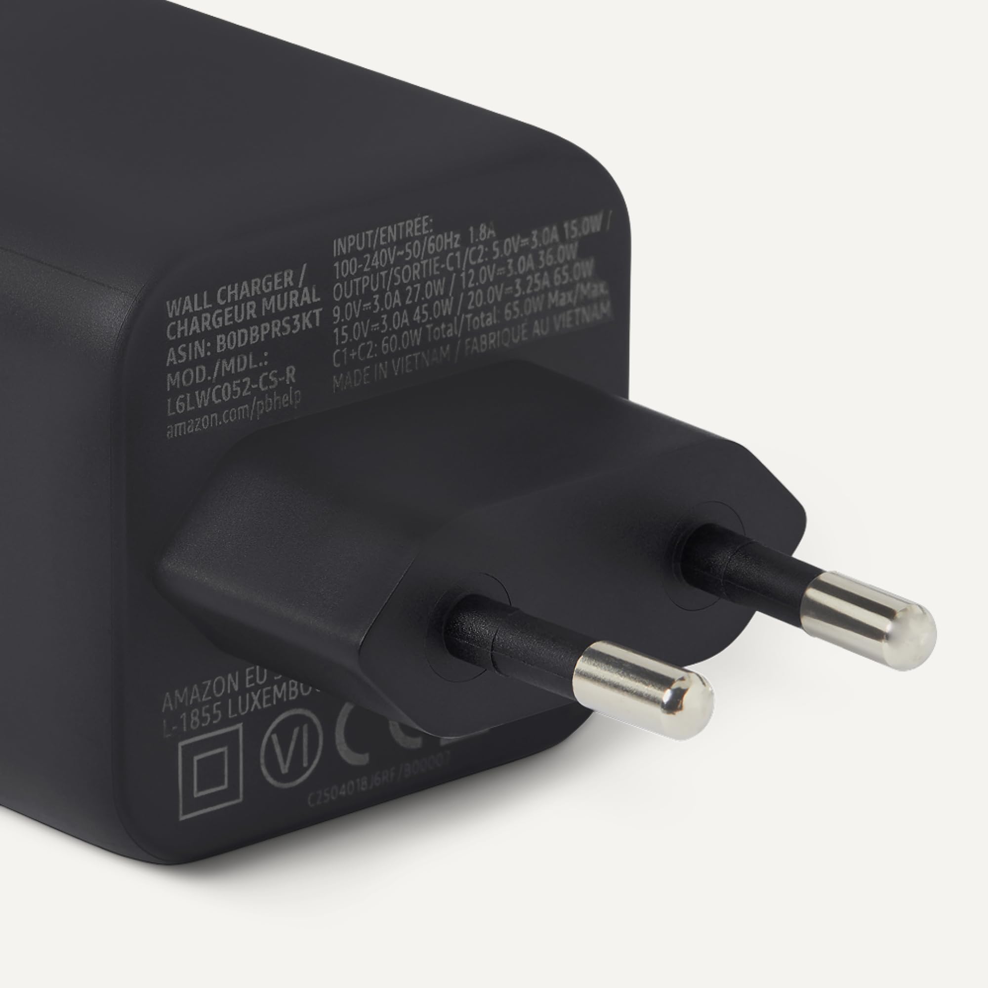 Amazon Basics Caricabatterie da Parete Nano GaN USB-C con Ricarica Rapida, 65W a 2 Porte per Laptop, Tablet e Smartphone, Nero