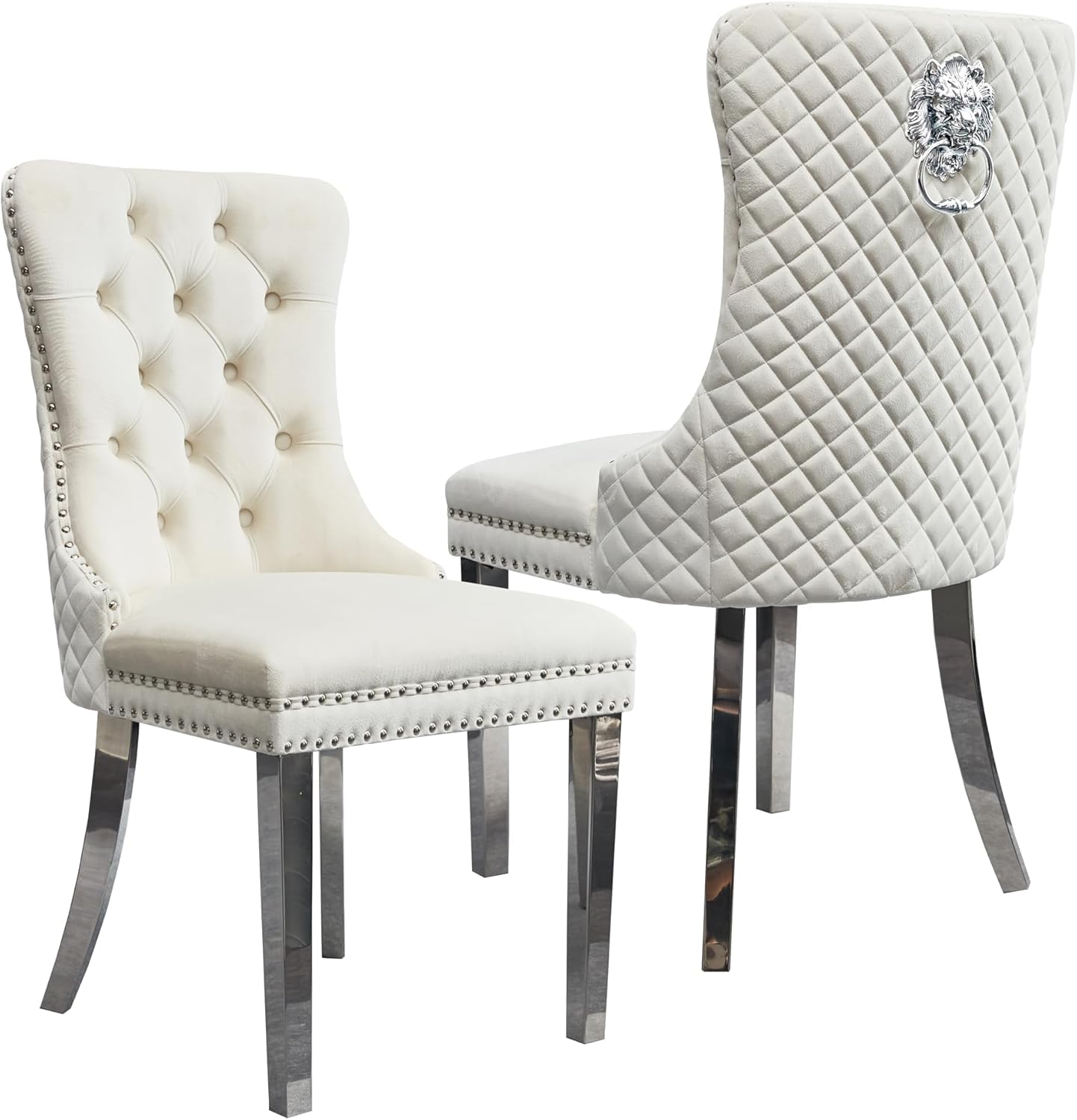 M-V-O Set of 2 Cream Velvet Upholstered Dining Chairs with Chrome Knocker & Studded Trim, Padded Seat, High Back, Mirror Chrome Legs, Modern Luxury Home Furniture