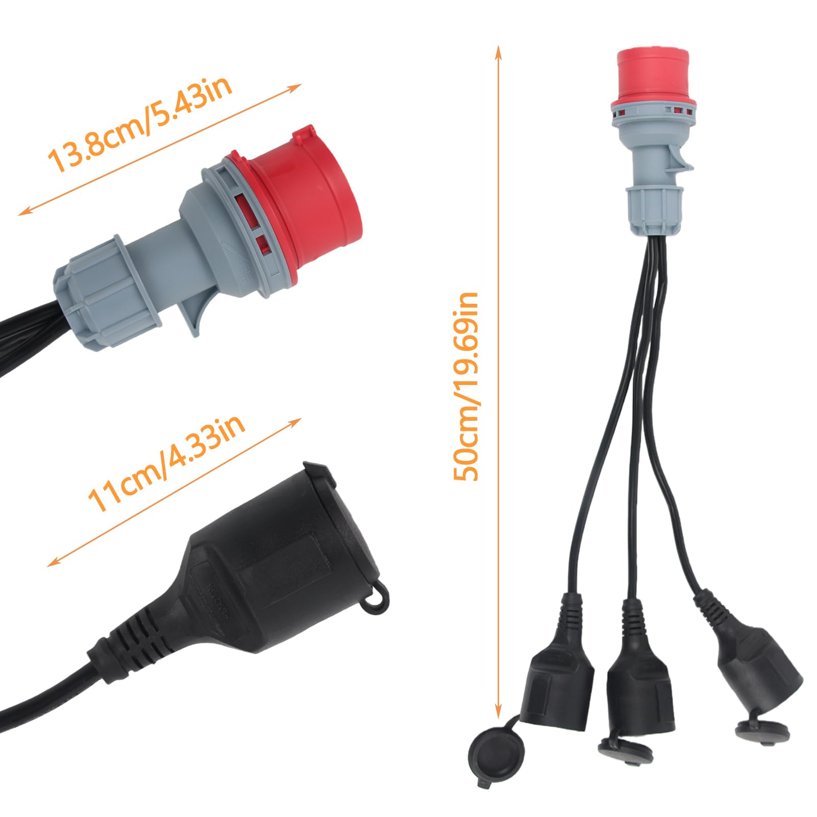 CEE Adaptateur Répartiteur Courant Fort 400V 16A Fiche Vers 3 x 230V Câble D'extensio Câble Camping avec Couvercle Rabattable Prise Terre IP44 Caravane Industrie Utilisation